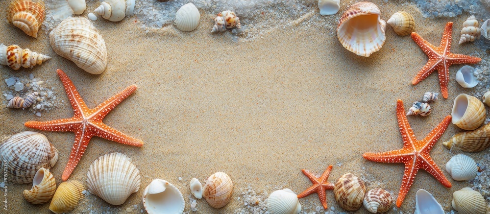 Poster Beautiful starfishes and seashells on the sand arranged in a flat lay Room for text. with copy space image. Place for adding text or design