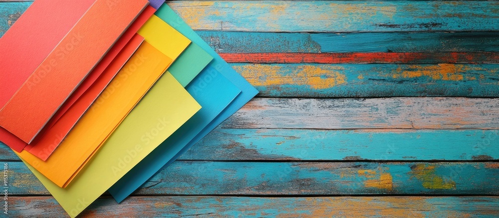 Poster Colored paper on a wooden background. with copy space image. Place for adding text or design
