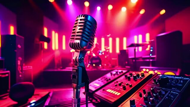 Vintage microphone on a stage with a sound mixer in front of a blurred background.