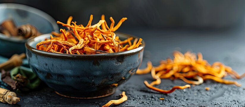 Dried cordyceps militaris in a ceramic bowl with a cup of water alongside water from Ophiocordyceps sinensis extract It has medicinal properties for disease treatment Chinese herb Healthy concept