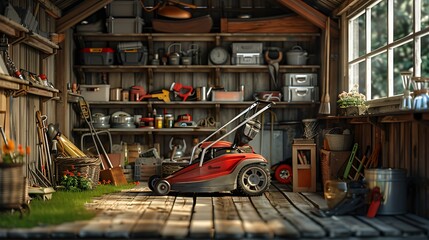 Obraz premium A detailed shot of a lawnmower inside a garden shed, surrounded by neatly arranged tools, wooden interior, warm and inviting atmosphere, hd quality, realistic textures, soft focus, natural lighting.