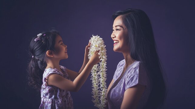 A photo of a happy mother and daughter in Thailand playing a traditional khim, isolated on a light golden background