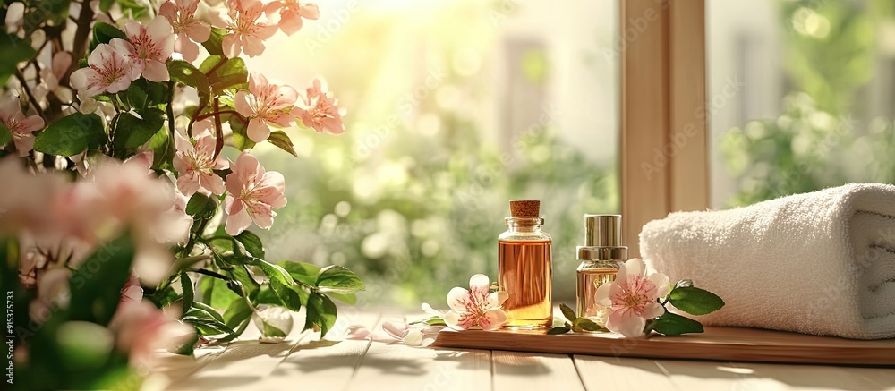 Poster spa and aromatherapy kit featuring flowers filtered photo. with copy space image. place for adding t