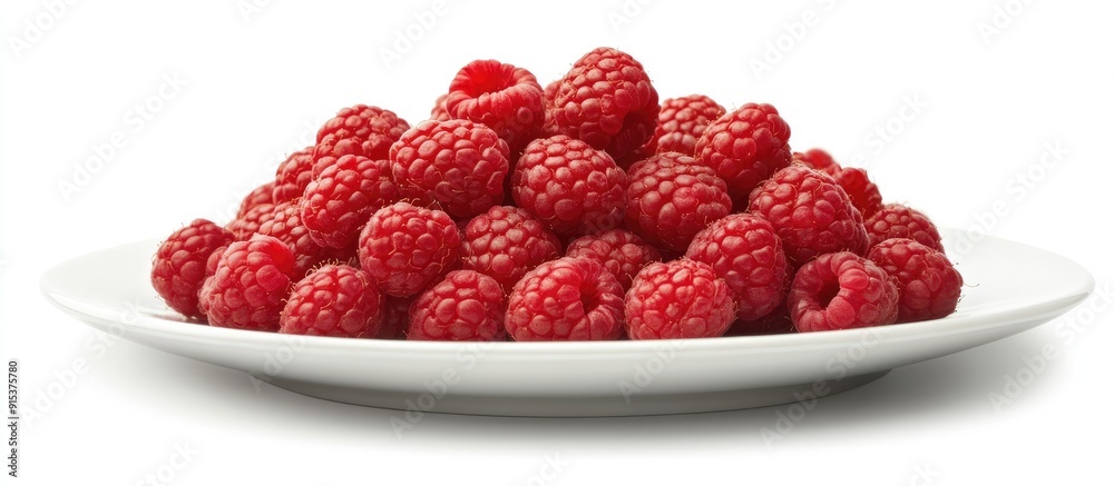 Leinwandbilder a plate piled with red raspberries isolated on white. with copy space image. place for adding text o