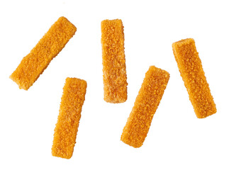 Crispy Fish fingers isolated on white background. Fish finger or stick isolated . Top view.