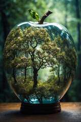 a double exposition that combines a dark forest and a glass apple. The forest serves as a background, a translucent glass figure of an apple, a tree inside.