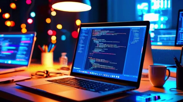 Laptop with code on screen, coffee cup, and pen on a desk illuminated by colorful lights.