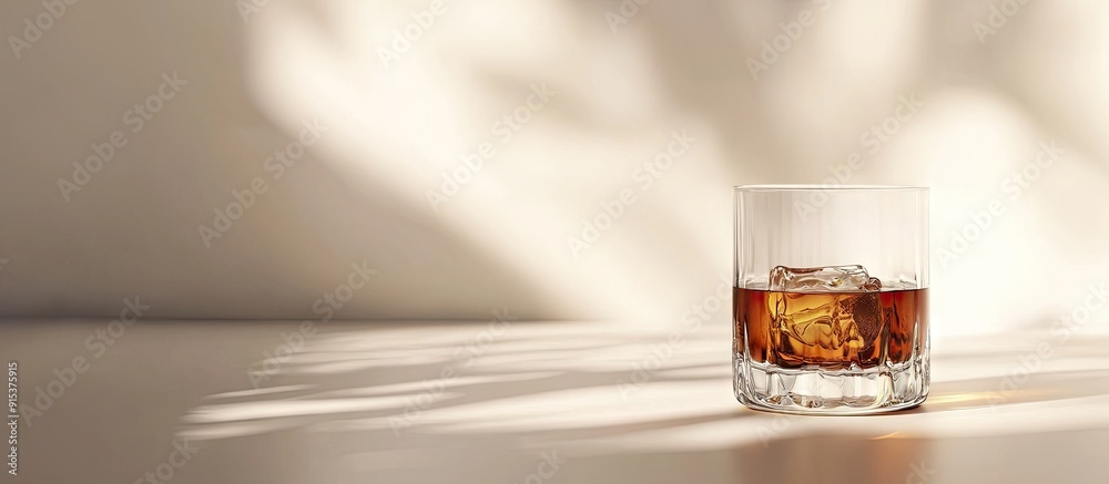 Poster A clear brown liquid in a glass on a light backdrop Selective focus. with copy space image. Place for adding text or design
