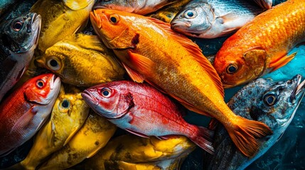 "A crisp top view of fresh fish displayed at the market, captured in vivid detail with no noise, showcasing their natural freshness and appeal 
