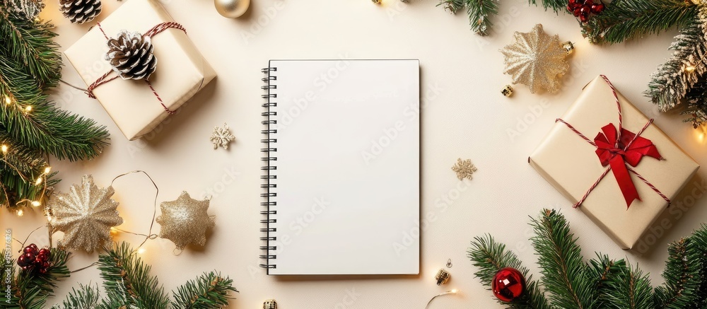 Poster Christmas backdrop featuring decorations a gift box and a blank notebook Area for text Top view. with copy space image. Place for adding text or design