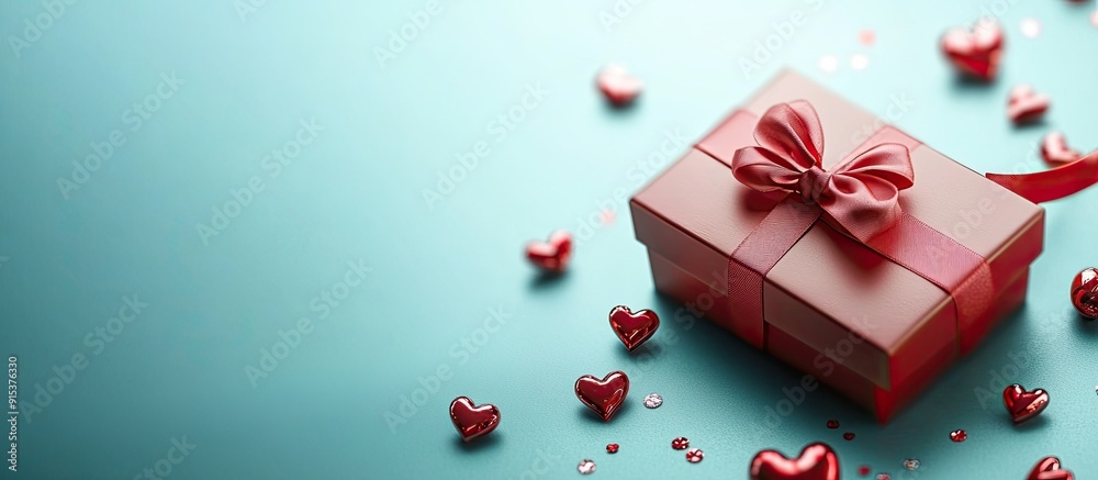 Poster Gift box with ribbon for a Valentine s Day background theme. with copy space image. Place for adding text or design