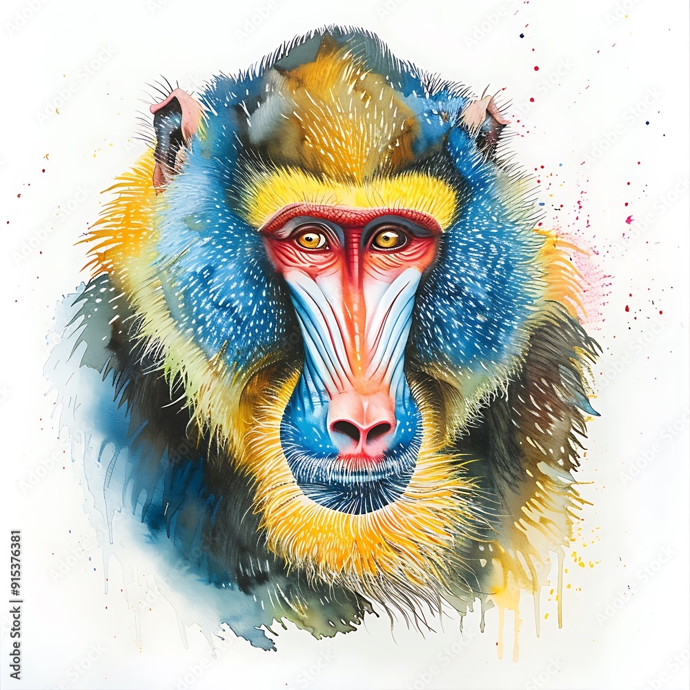 Wall mural Watercolor Painting of a Mandrill Monkey with Vibrant Colors and Splashes of Paint