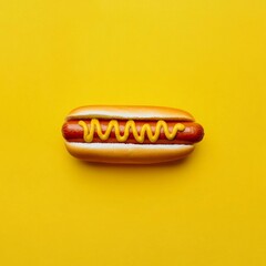 Top View of a Flavorful Hot Dog on a Yellow Background with a Bold Splash of Mustard - A Simple yet Eye-Catching Design for Food Enthusiasts,Product display, e-commerce advertising, e-commerce posters