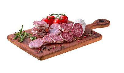 Slices of delicious spanish sausage fuet with spices and herbs on a cutting board isolated.