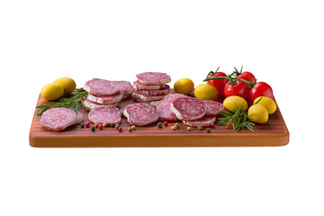 Spanish Fuet sausage salami with rosemary and pepper on a wooden cutting board isolated.