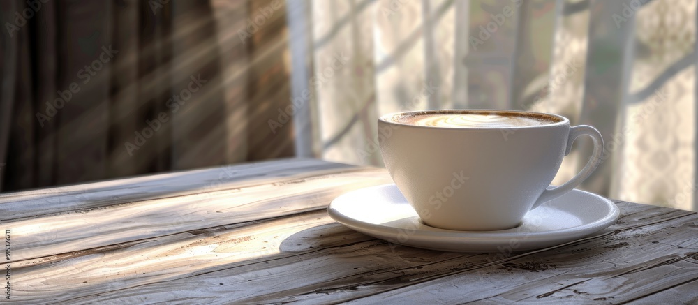 Poster a coffee cup on a saucer placed on a table a mug resting on a saucer seamless texture. with copy space image. Place for adding text or design