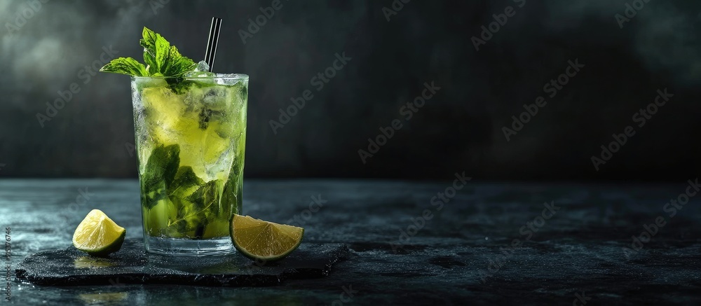 Aufkleber mojito cocktail on a dark stone table with copyspace for your text