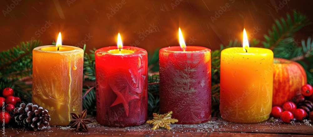 Aufkleber For the first Advent a lit candle on an Advent wreath set against a wooden background in landscape orientation. with copy space image. Place for adding text or design