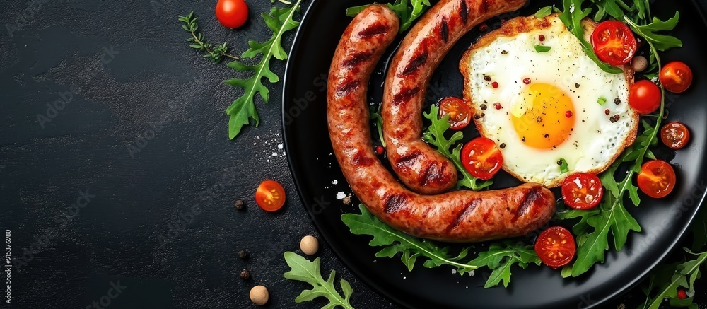 Aufkleber english breakfast consists of fried eggs sausages tomatoes and arugula american cuisine. with copy s