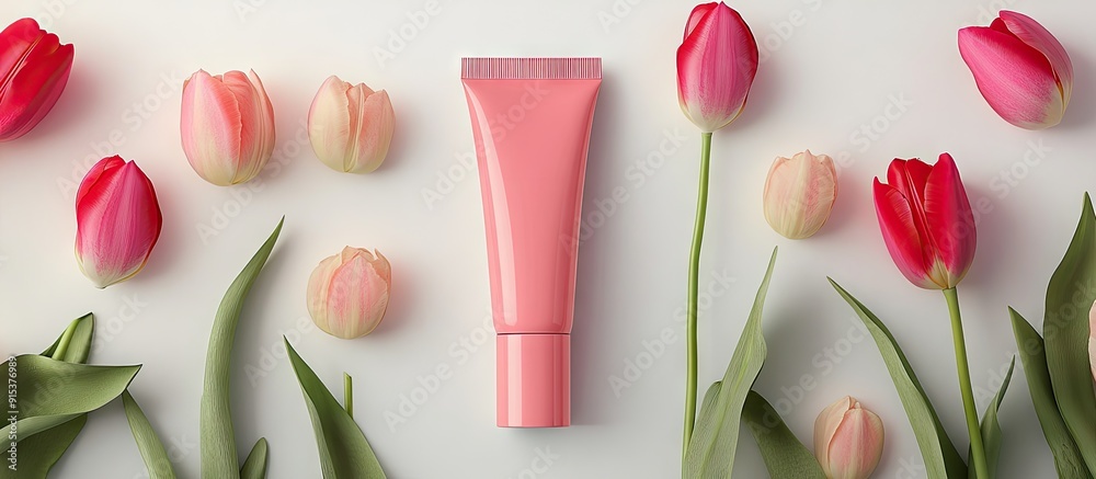 Aufkleber pink cosmetic tube set against a white background with tulips. with copy space image. place for addi