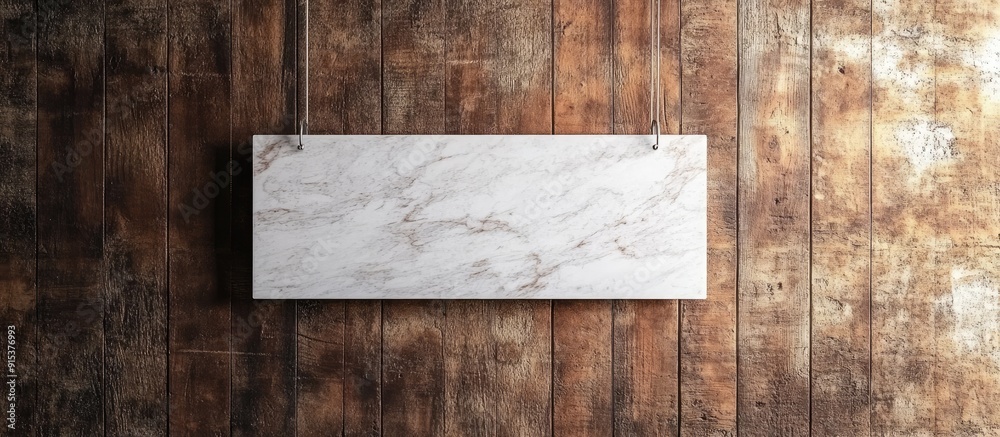 Poster Light gray square marble sign suspended on a brown horizontal plank wall or it can be viewed as a marble tray on a wooden floor seen from above Open to interpretation there are numerous copy spaces a