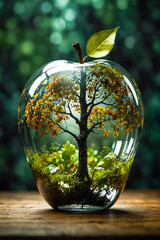 a double exposition that combines a dark forest and a glass apple. The forest serves as a background, a translucent glass figure of an apple, a tree inside.