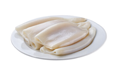 Fresh body squids  in a ceramic bowl isolated on a white background.