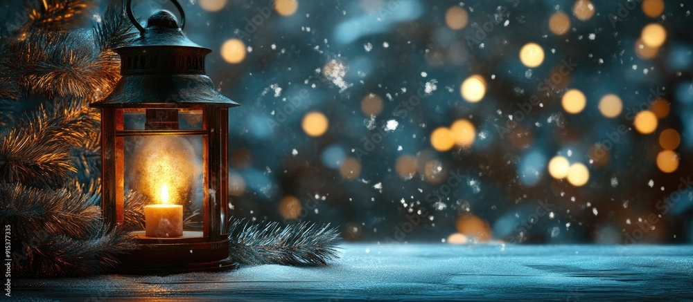 Poster Atmospheric image of a lantern in a dimly lit room with a Christmas backdrop. with copy space image. Place for adding text or design