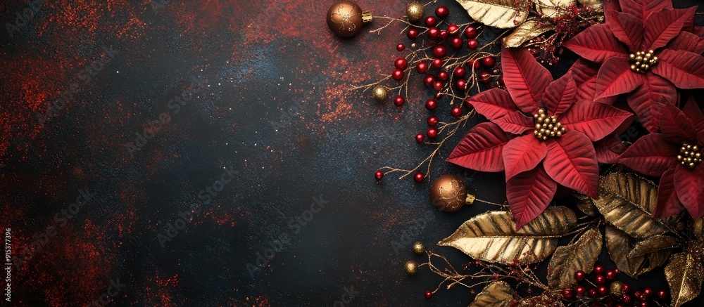 Poster beautiful rustic christmas floral display featuring burgundy poinsettia gold berries and sparkling l