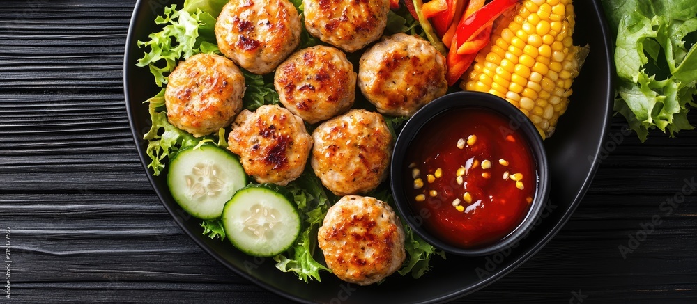 Poster baked chicken meatballs from the oven served with corn on the cob coins sliced cucumber lettuce red 