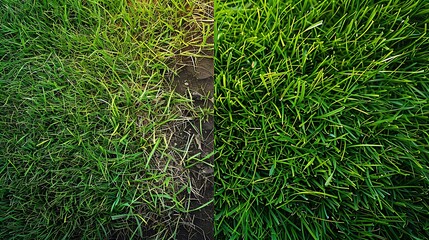 Obraz premium A detailed split image showing a lawn before and after mowing, vibrant green grass, one half unkempt and the other half perfectly trimmed, sunny weather, sharp contrast, hd quality,