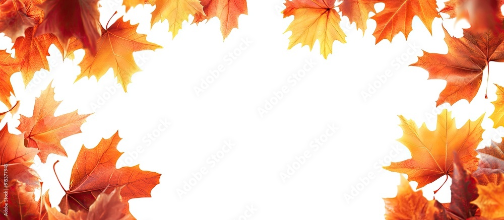 Poster frame of autumn maple leaves with copyspace on a white background
