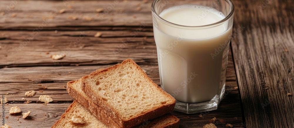Fototapete dry rusk bread and a glass of milk set against a wooden background healthy breakfast option. with co
