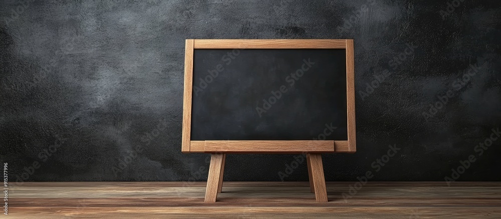 Poster small black board on a wooden table blank blackboard isolated. with copy space image. place for addi