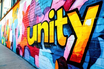 Colorful graffiti promotes a message of unity on a brick wall, enhancing the urban landscape with...