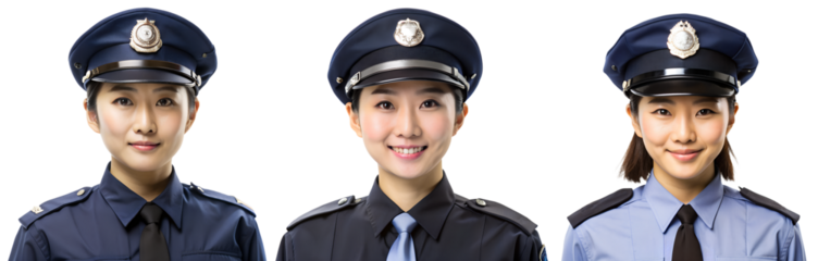 Set of portraits of Asian policewomen on transparent background. The concept of safety and security.