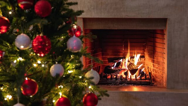 Christmas tree close up on burning fireplace background