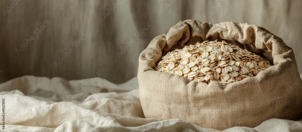 Poster dry natural oat flakes oatmeal in an eco friendly paper bag natural linen backdrop featuring the eco