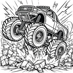 Monster truck crushing obstacles coloring page vector illsutration 