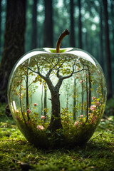 a double exposition that combines a dark forest and a glass apple. The forest serves as a background, a translucent glass figure of an apple, a tree inside.