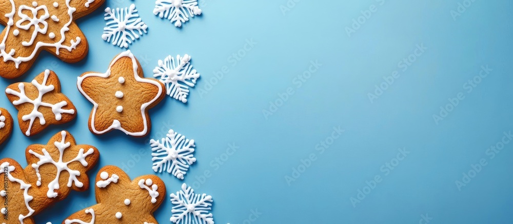 Poster Christmas gingerbread cookies on a blue backdrop Christmas setting Festive scene. with copy space image. Place for adding text or design