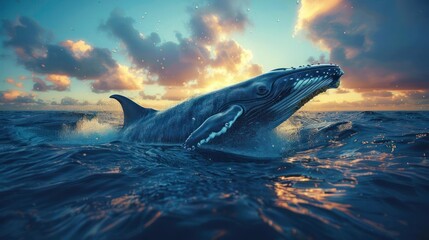 Fototapeta premium A majestic whale leaps out of the ocean sunset, its body and tail cutting through the water,