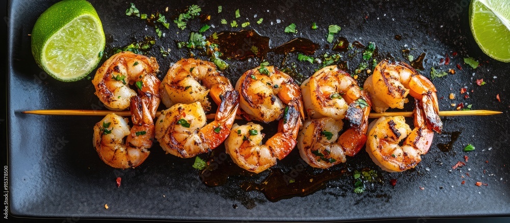 Poster Shrimp skewers served with flatbread and lime. with copy space image. Place for adding text or design