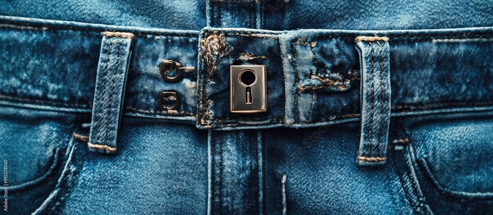 Poster jeans background a lock in the shape of lightning on the trousers closeup of denim fabric textures o