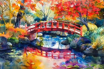 Watercolor Painting of a Red Bridge Over a Pond in a Lush Forest.