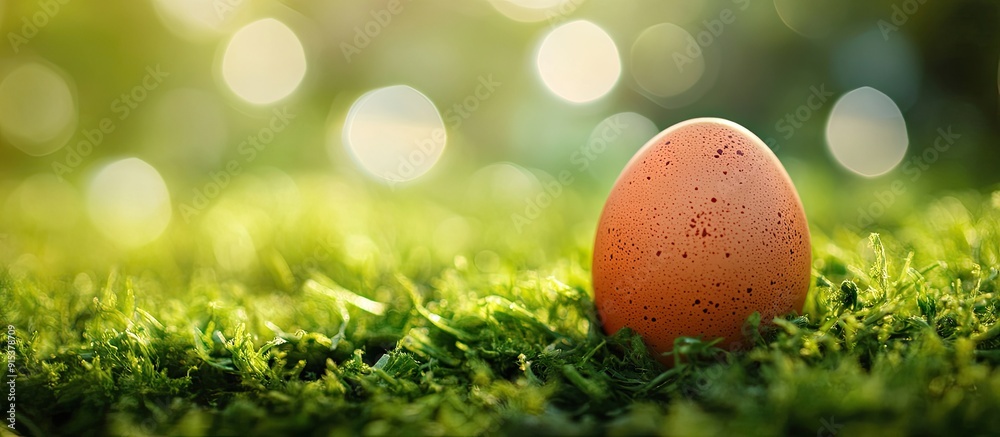 Poster close up of an egg on a grass background. with copy space image. Place for adding text or design