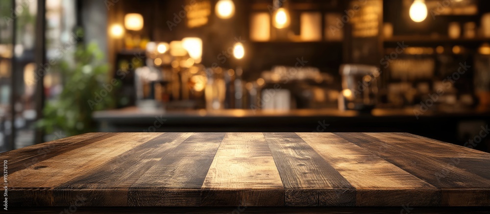 Aufkleber Empty wooden table in front of an abstract blurred coffee shop background The table can be used for showcasing or presenting your products Mock up for displaying product. with copy space image