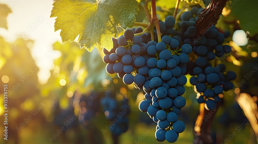 Canvas Prints Close-up of blue grapevines hanging gracefully in a vineyard, with lush green leaves and sunlight filtering through.