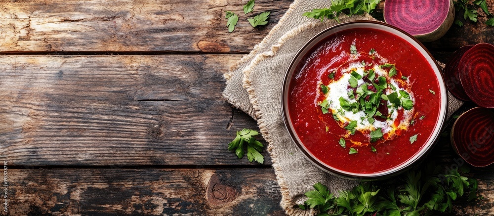 Aufkleber Ukrainian beetroot soup borscht placed on a napkin on a wooden surface. with copy space image. Place for adding text or design