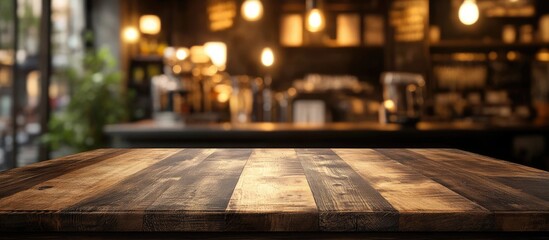 Empty wooden table in front of an abstract blurred coffee shop background The table can be used for showcasing or presenting your products Mock up for displaying product. with copy space image